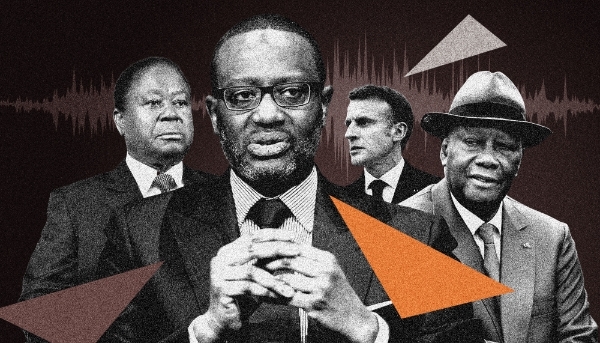 De gauche à droite : l'ancien président Henri Konan Bédié, le banquier ivoirien Tidjane Thiam, le président français Emmanuel Macron, et l'actuel chef de l'État Alassane Ouattara.