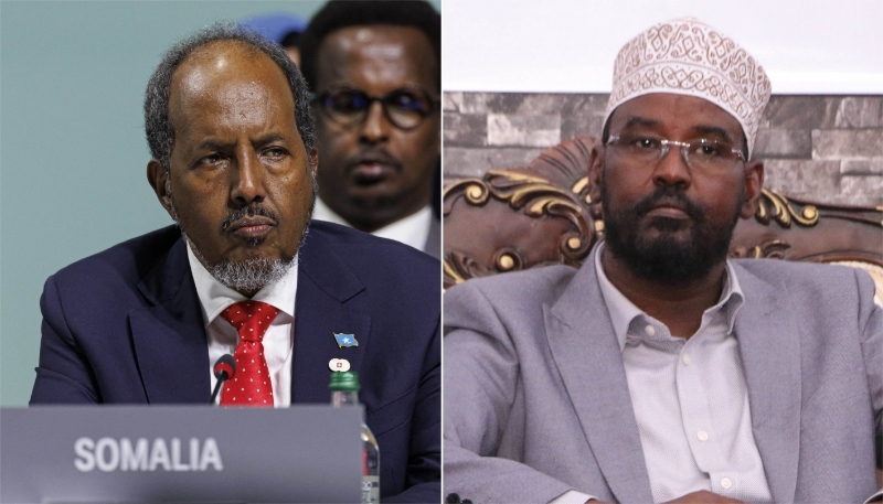 Le président somalien Hassan Sheikh Mohamoud (à g.), le 15 juin 2024 à Lucerne (Suisse), et le président du Jubaland, Ahmed Madobe, le 22 août 2019 à Kismayo.